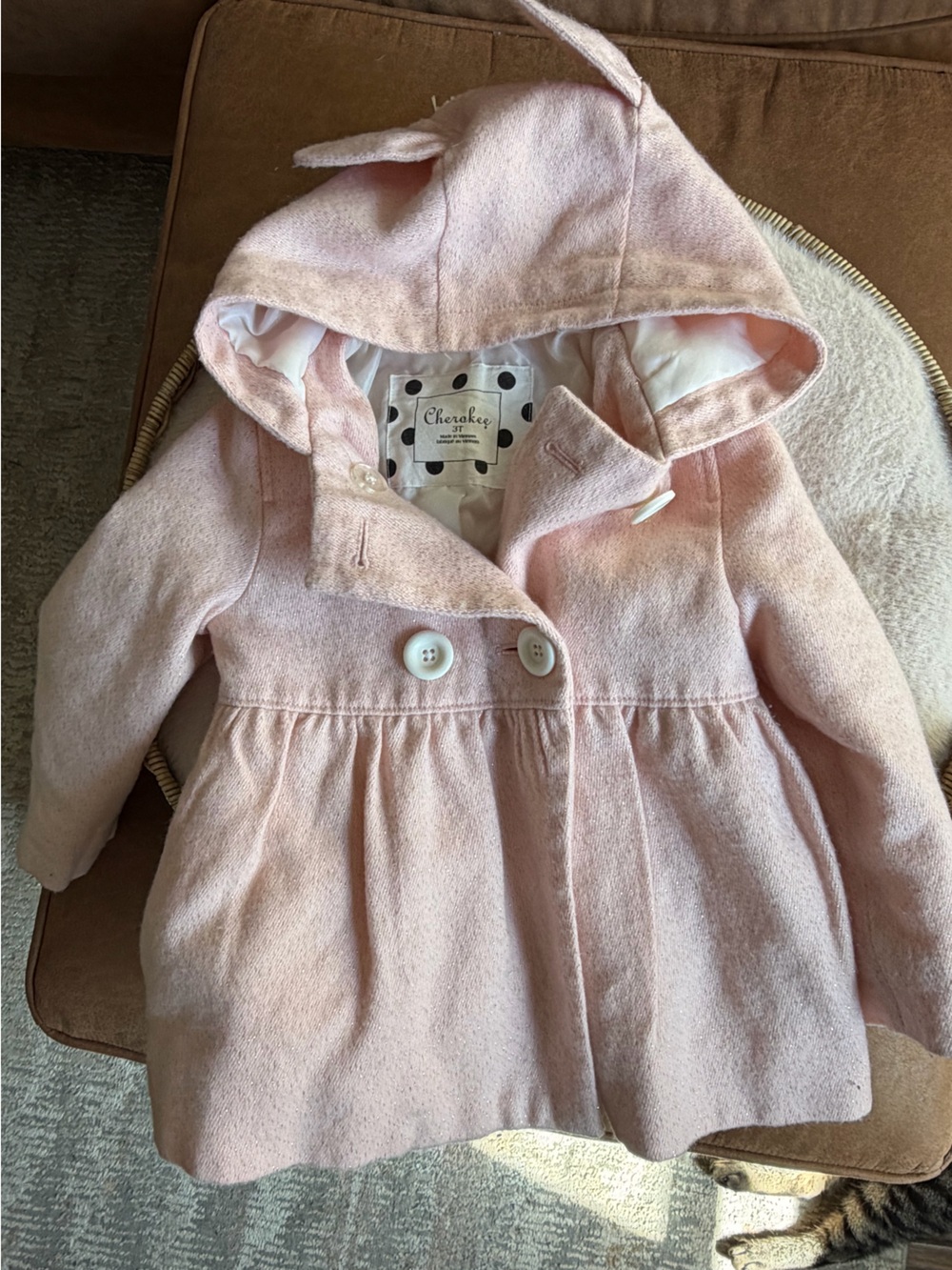 Cherokee Girls 3T Pink Hooded Coat Jacket Cute Ears Winter Toddler